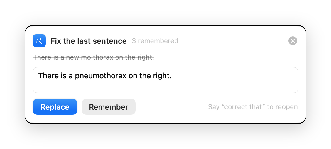 The Fix the last sentence window, showing what Spokn heard and the corrected sentence