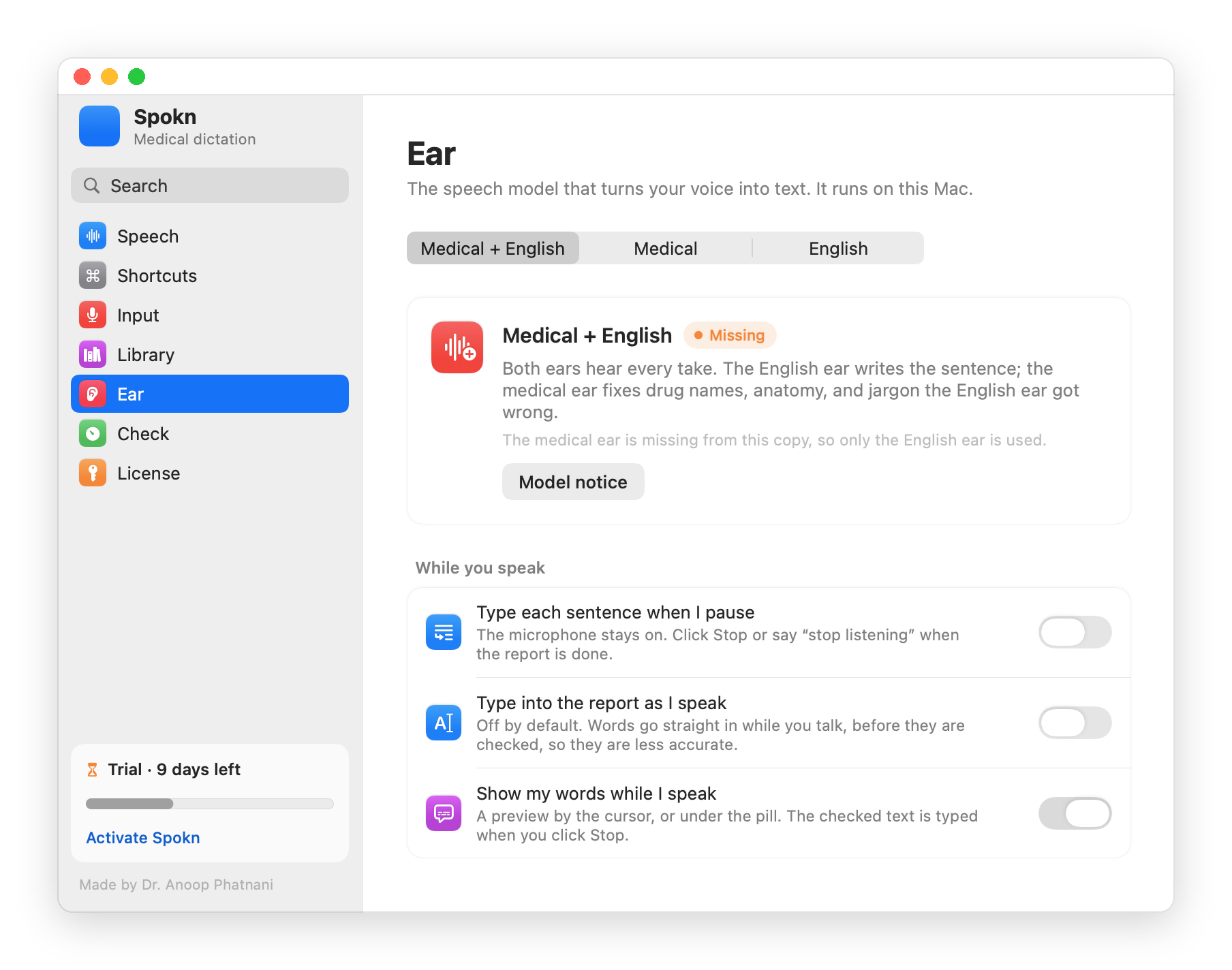 Spokn's settings, showing the Medical + English ear